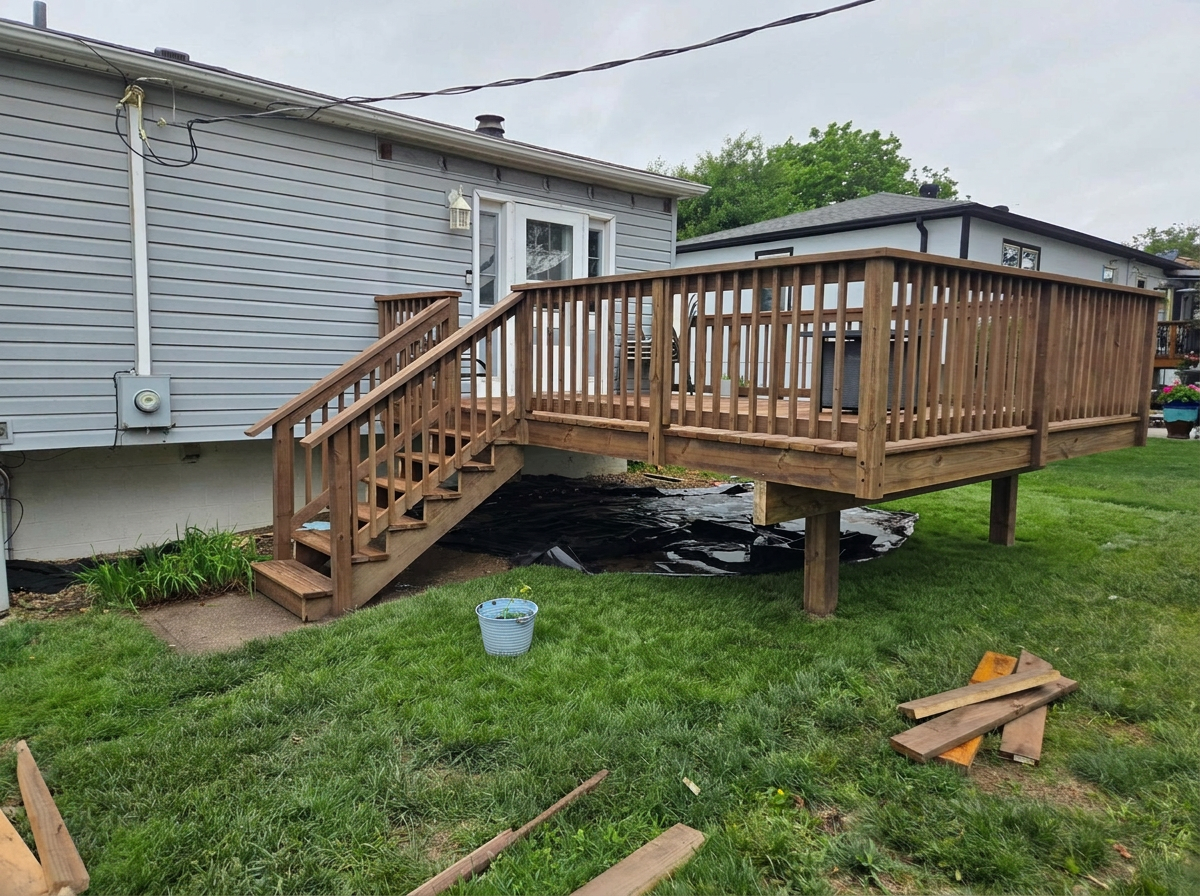 Newly built backyard deck with stairs and railing