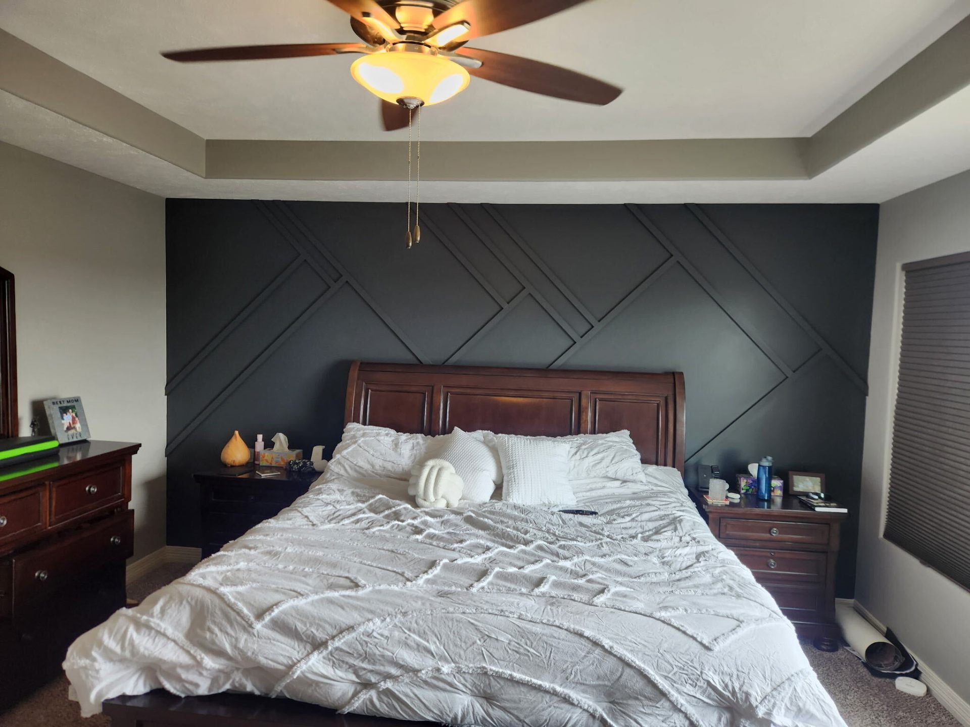 Custom accent wall in a primary bedroom remodel